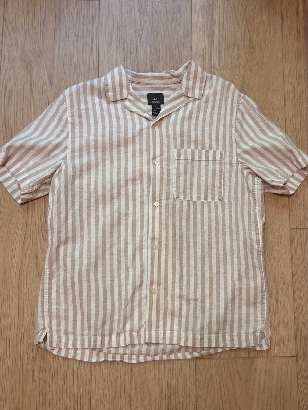 H&M Men’s Beige & White Striped Short-Sleeve Button-Up Shirt | Linen Blend | M